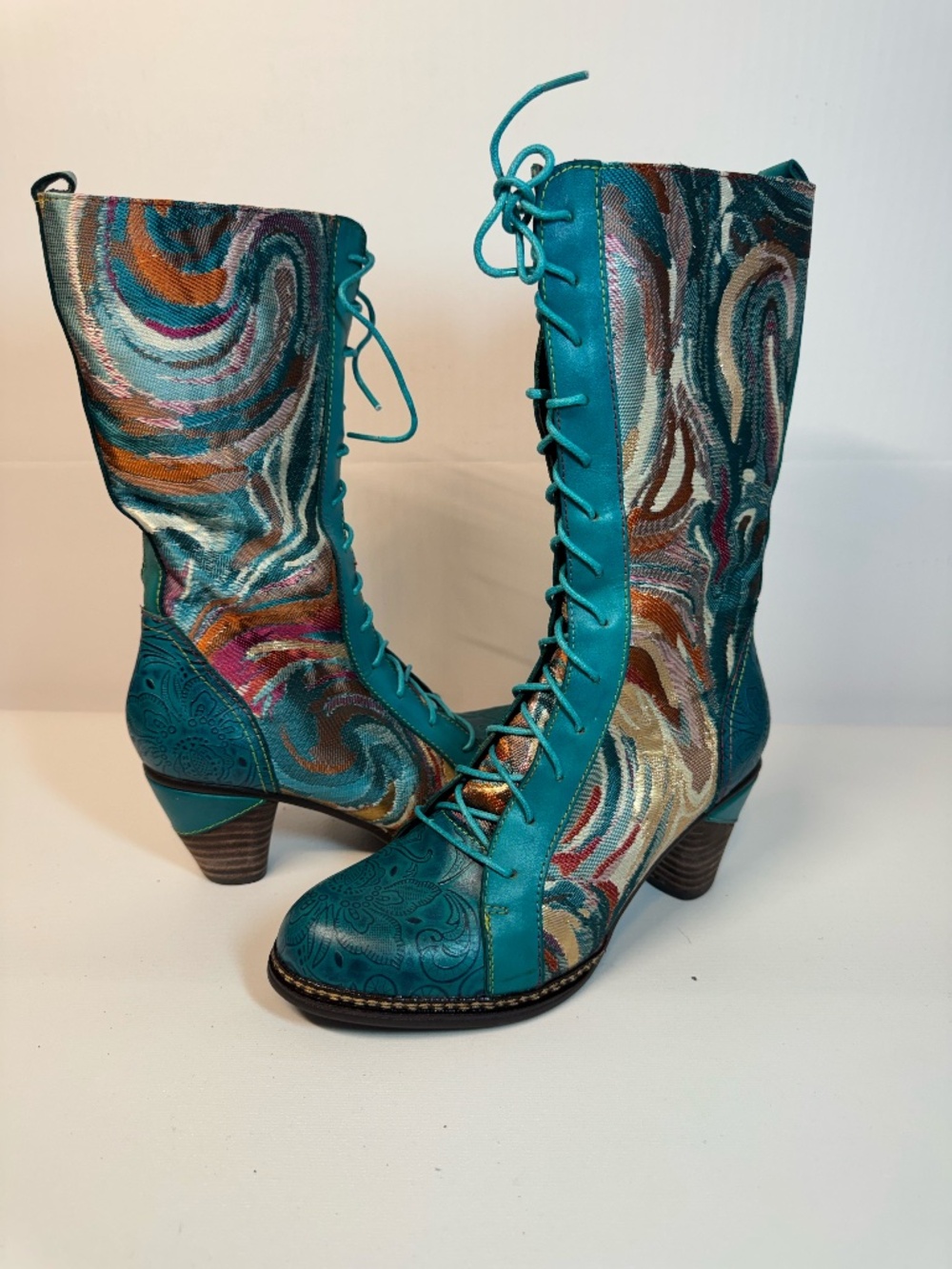 L'Artiste Spring Step Turquoise Tapestry Lace Up Boots EU 36 NWOB